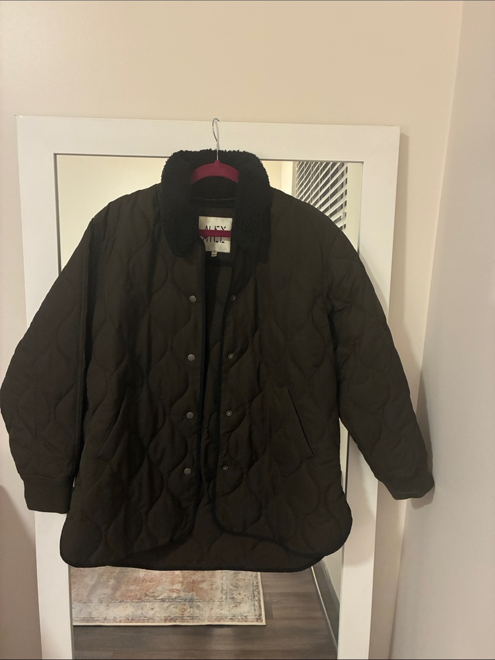 Alex Mill Anne Quilted Jacket Black Faux Shearling Collar M